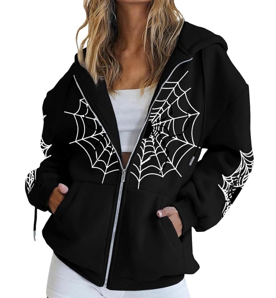 Y2k Hoodie Long Sleeve Zip Up Spider Web Gothic Graphic
